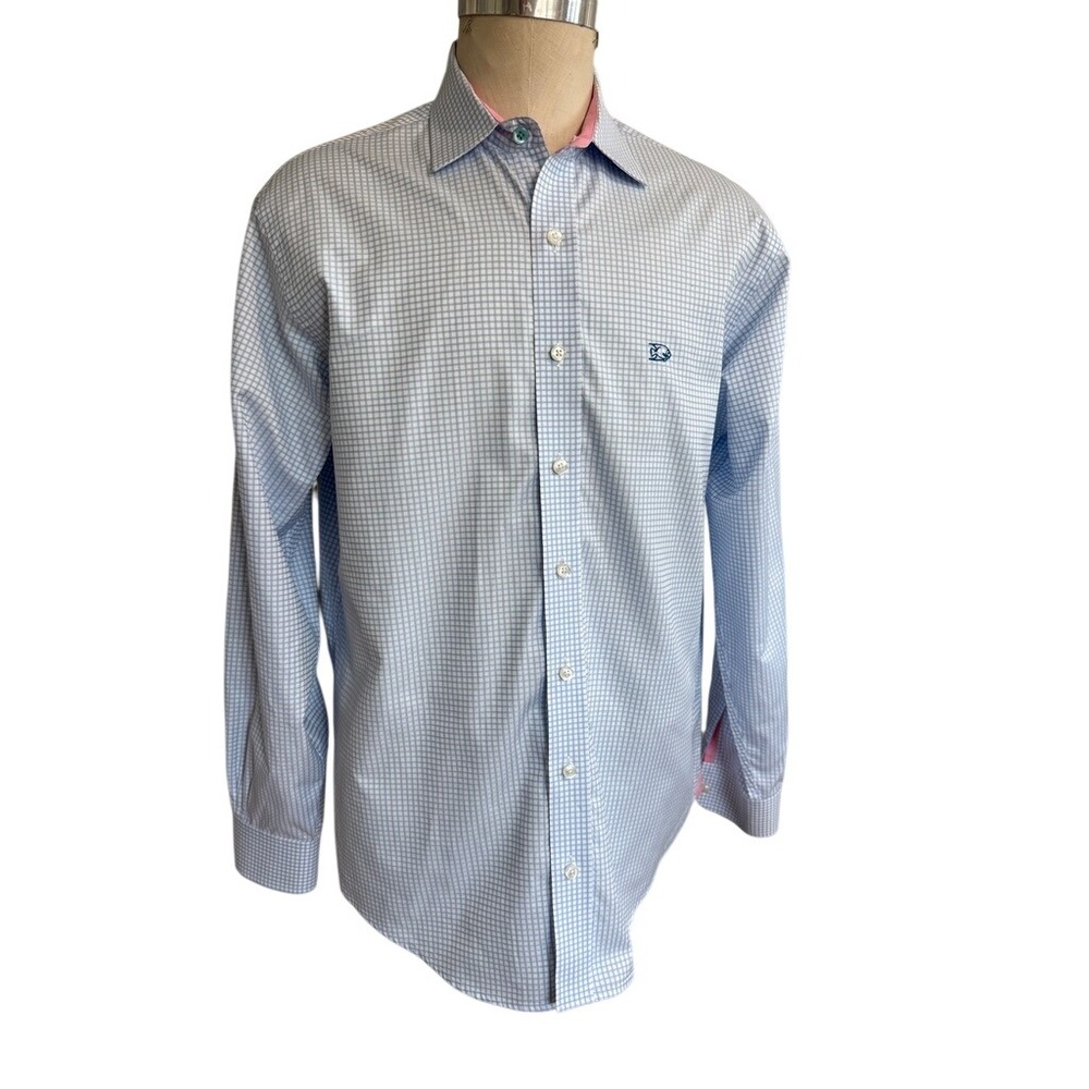 Coral Coast Bermuda Mens XL Blue White Gingham Button Down Shirt Pink Trim Logo